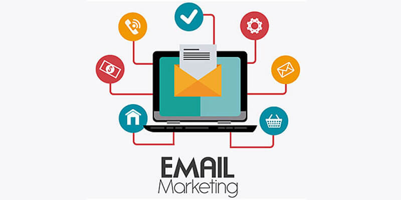Email marketing graphic laptop with icons around it