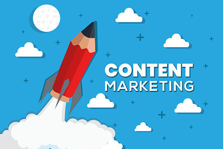 Content Marketing Strategy visual with graphic of a rocket shaped like a pencil launching